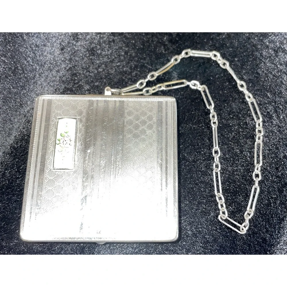 Chain Wristlet Makeup Compact GUILLOCHE Floral Enamel Motif Silver Tone